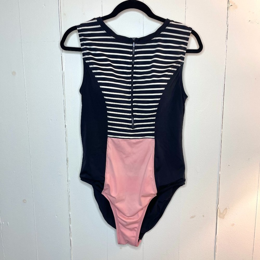 Denim & Co Beach Swimsuit, Half-Zip Colorblock, Pink and Black Stripes